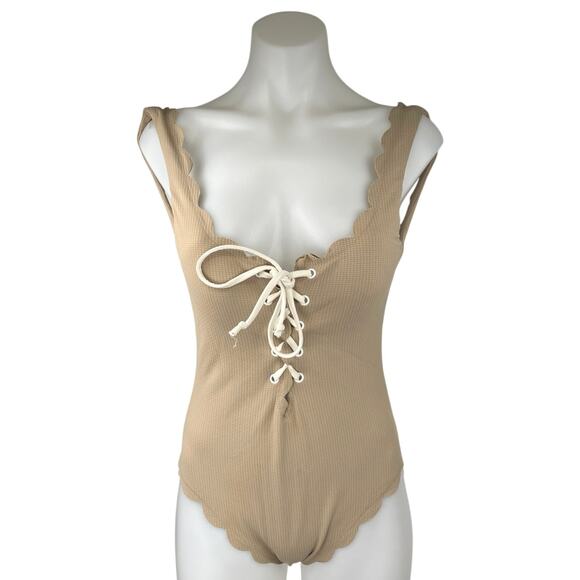 MARYSIA Broadway Tie Maillot Tan Lace Up Halter Scalloped One Piece Swimsuit S - Picture 3 of 7